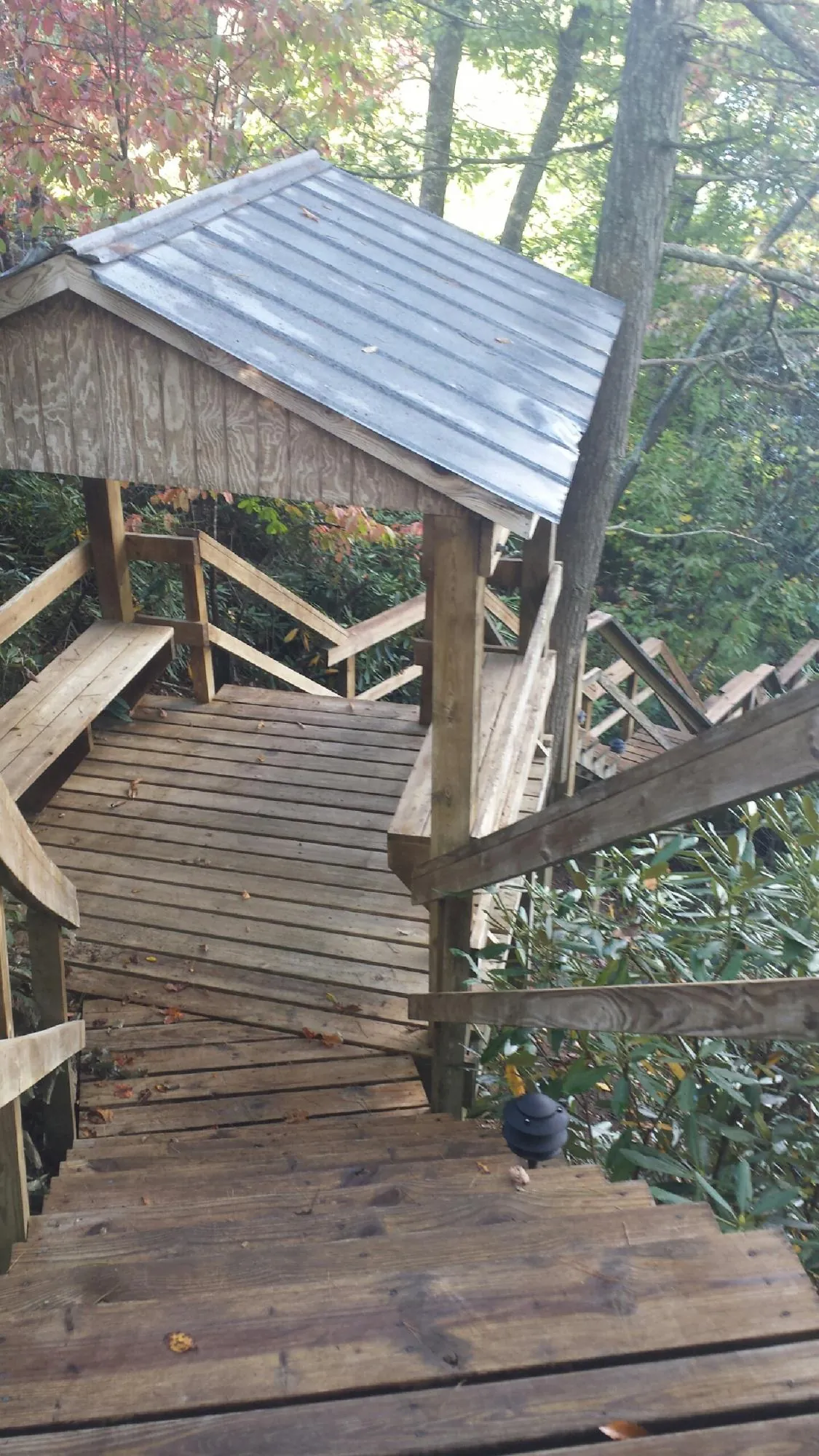 Metal roofed shelter over wooden steps on a wooded walkway — Skylight Repair & Installation work by our crew in Eastpointe
